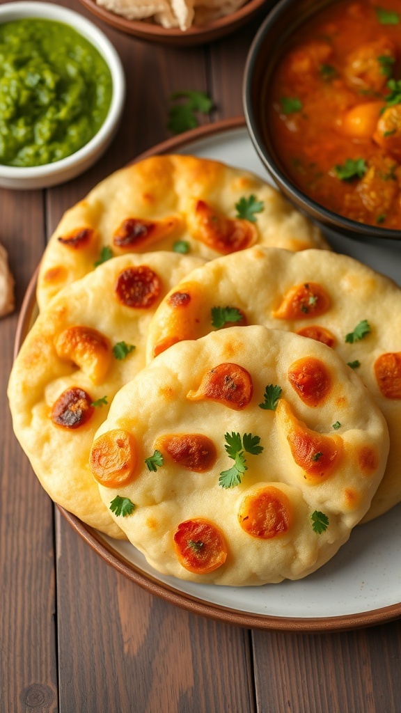 Golden brown onion kulchas served with green chutney and curry on a rustic table.